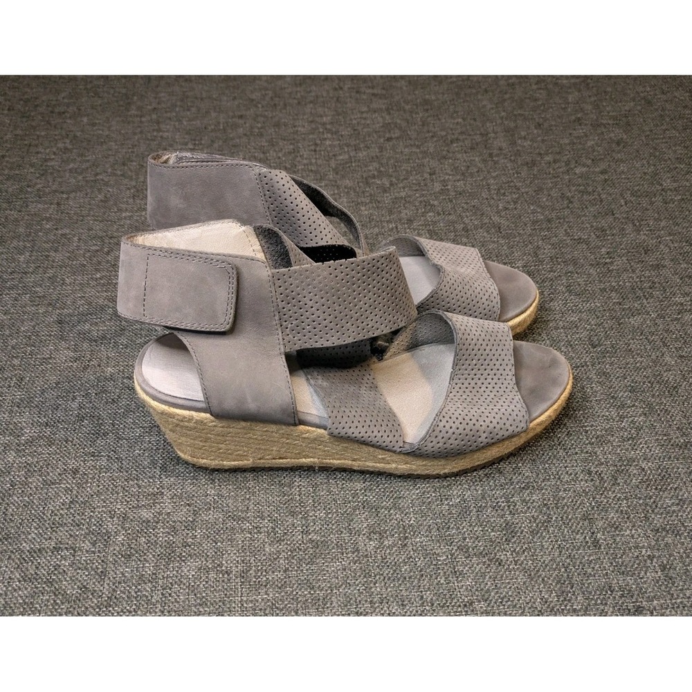Eileen Fisher Willow Tumbled Leather Wedge Sandal Shoes Gray Size 9.5 Women's